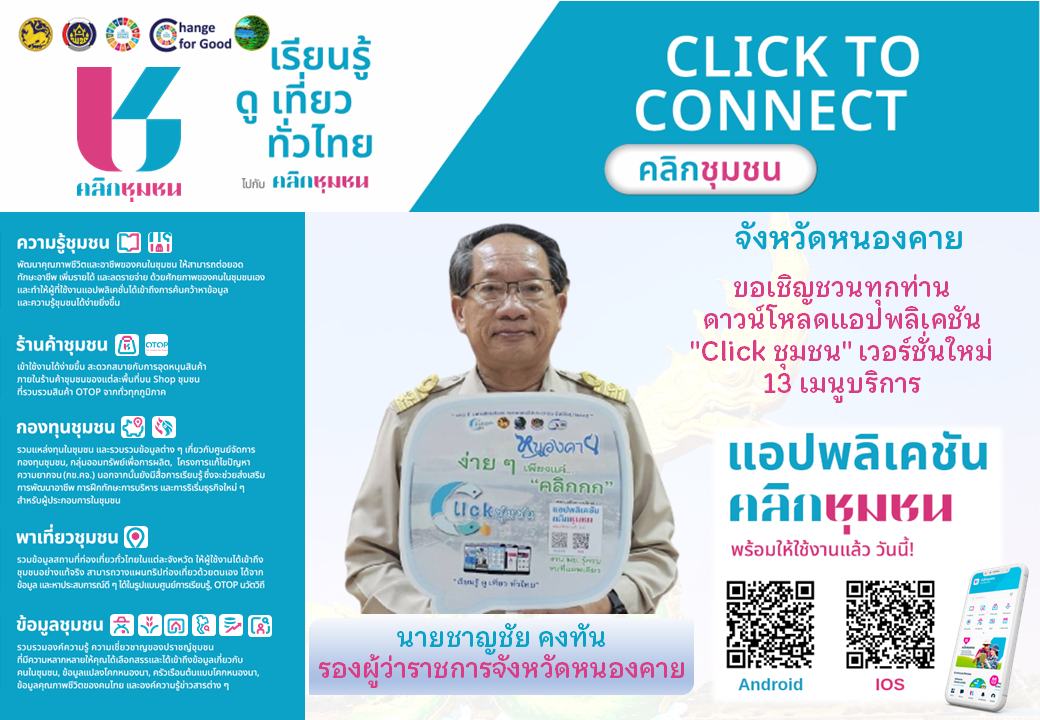 Kick off “Click ชุมชน” ผู้ว่าฯ หนองคาย เชิญชวนทุกท่านดาวน์โหลดและใช้งานแอปพลิเคชัน”Click ชุมชน” เวอร์ชั่นใหม่